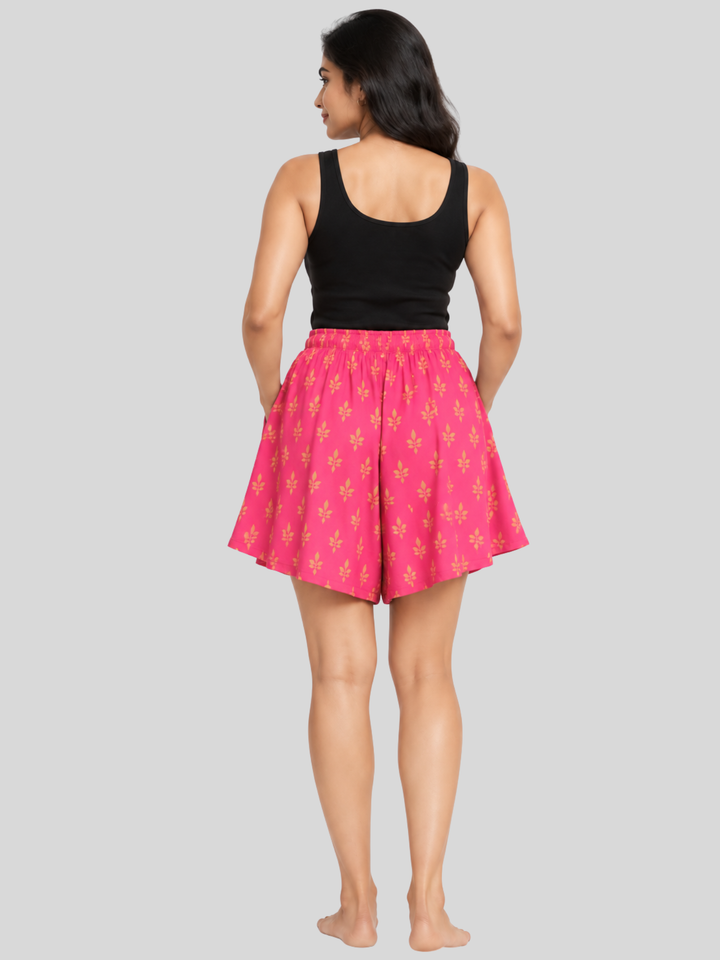 Women's Printed Flared Lounge & Beach Shorts with Pockets - Pink Leaf