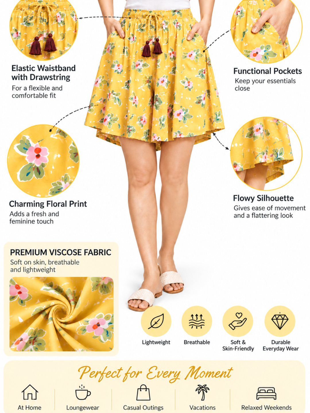 Viscose Culotte Shorts - Yellow Floral Printed(S-XXL)