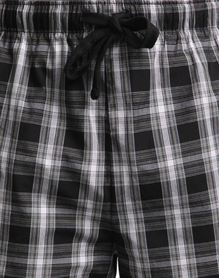 B STORIES Men's Cotton Casual Shorts with Elasticated Waistband & Drawstring- Black & Grey Checked