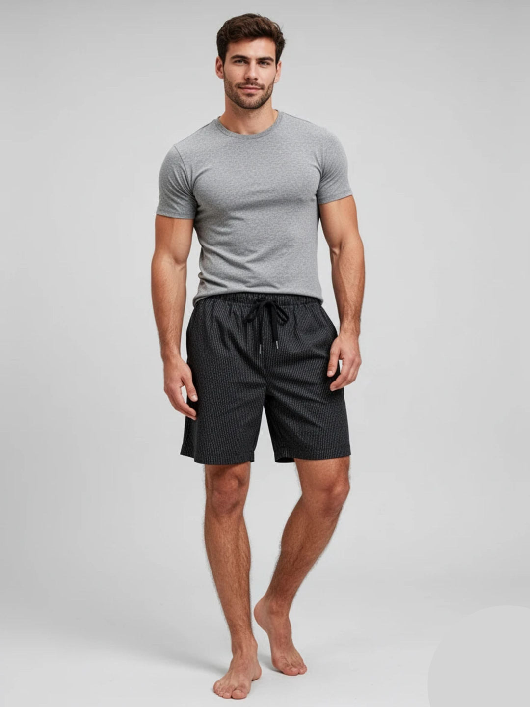 B STORIES Men's Cotton Casual Shorts with Elasticated Waistband & Drawstring- Black Pinstripe Printed