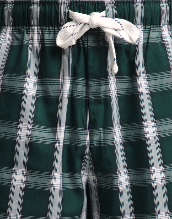 B STORIES Men's Cotton Casual Shorts with Elasticated Waistband & Drawstring- Dark Green Checked