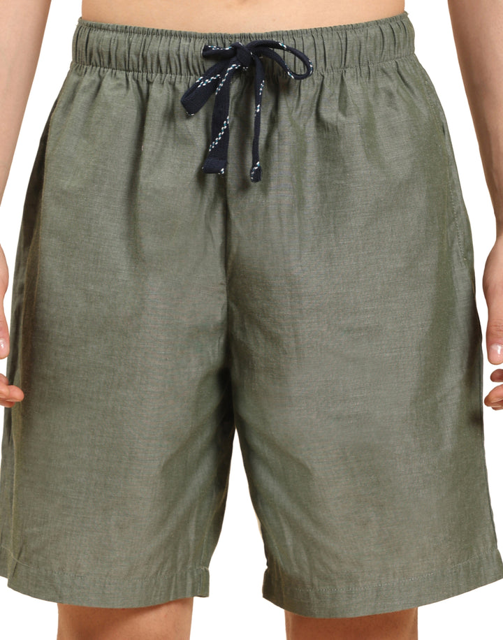 B STORIES Men's Cotton Casual Shorts with Elasticated Waistband & Drawstring - Solid Olive Green