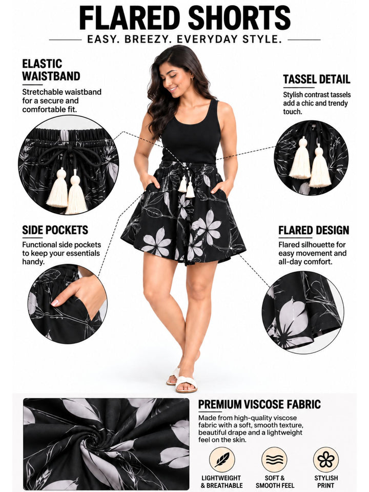 Viscose Culotte Shorts - Black Leaves Print(S-XXL)