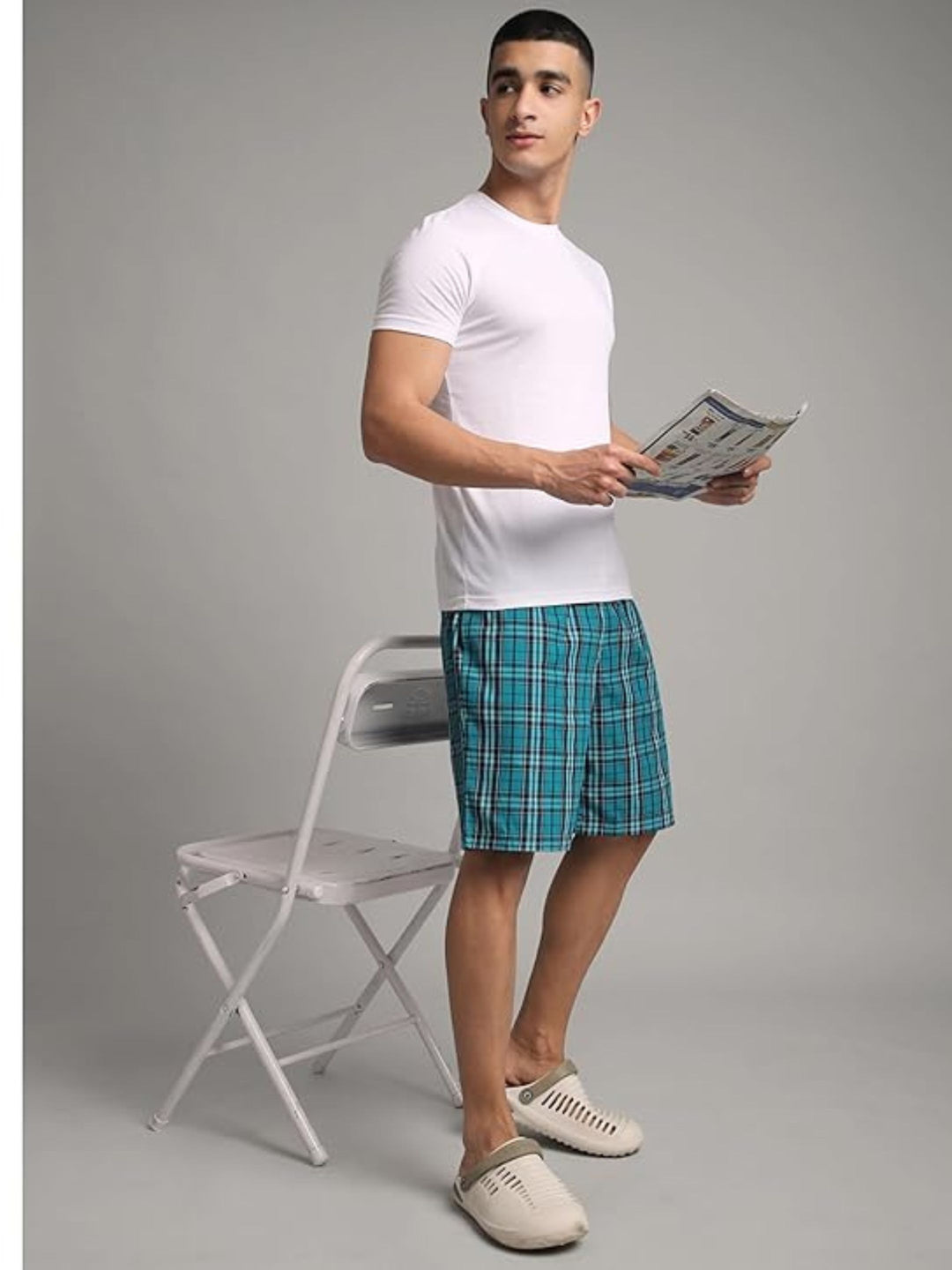 B STORIES Men's Cotton Casual Shorts with Elasticated Waistband & Drawstring- Teal Blue Checked