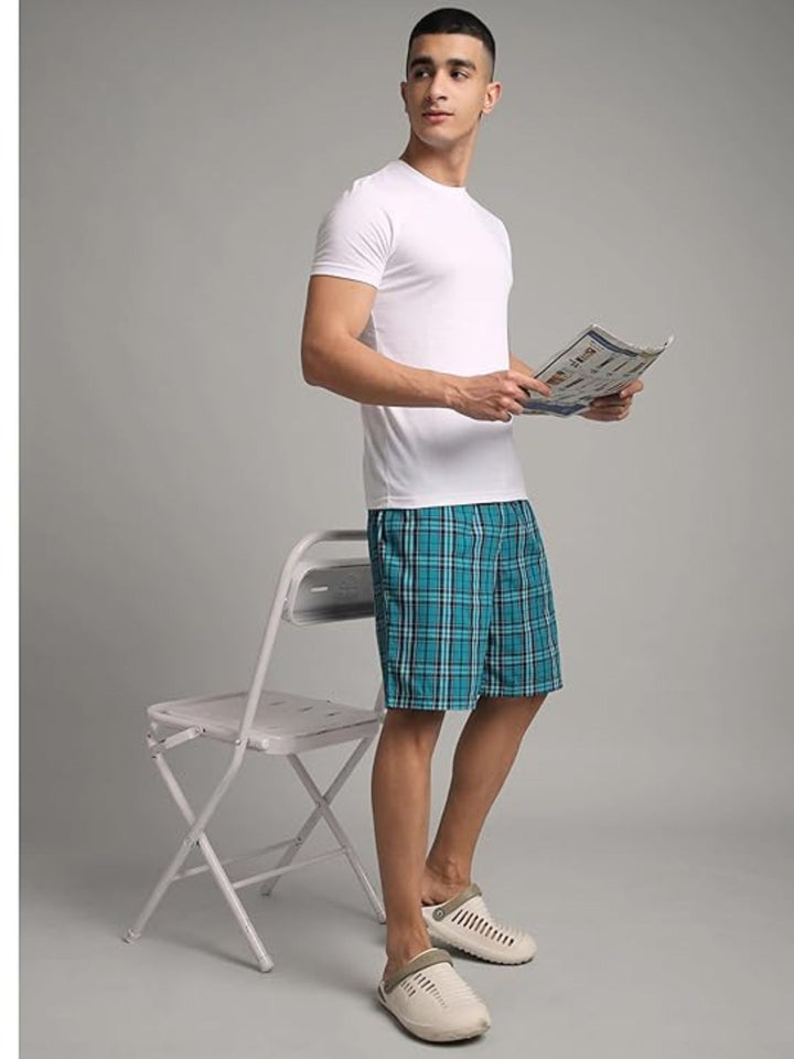B STORIES Men's Cotton Casual Shorts with Elasticated Waistband & Drawstring- Teal Blue Checked
