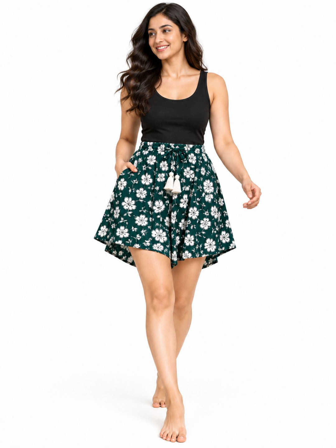 Viscose Culotte Shorts - Deep Blue Floral Print