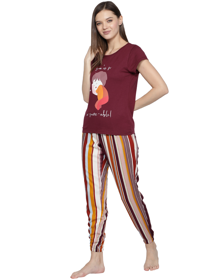 Nightwear Set -  Wine Stripe Cuff Pant