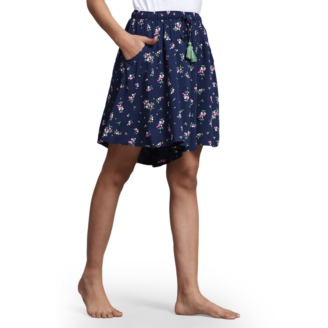 Viscose Culotte Shorts - Navy Floral Print