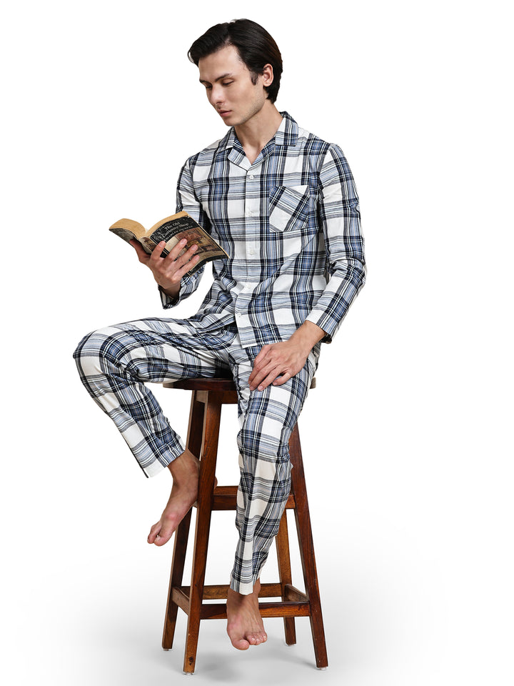 Cotton Nighwear for Men - Navy & Off White Checks