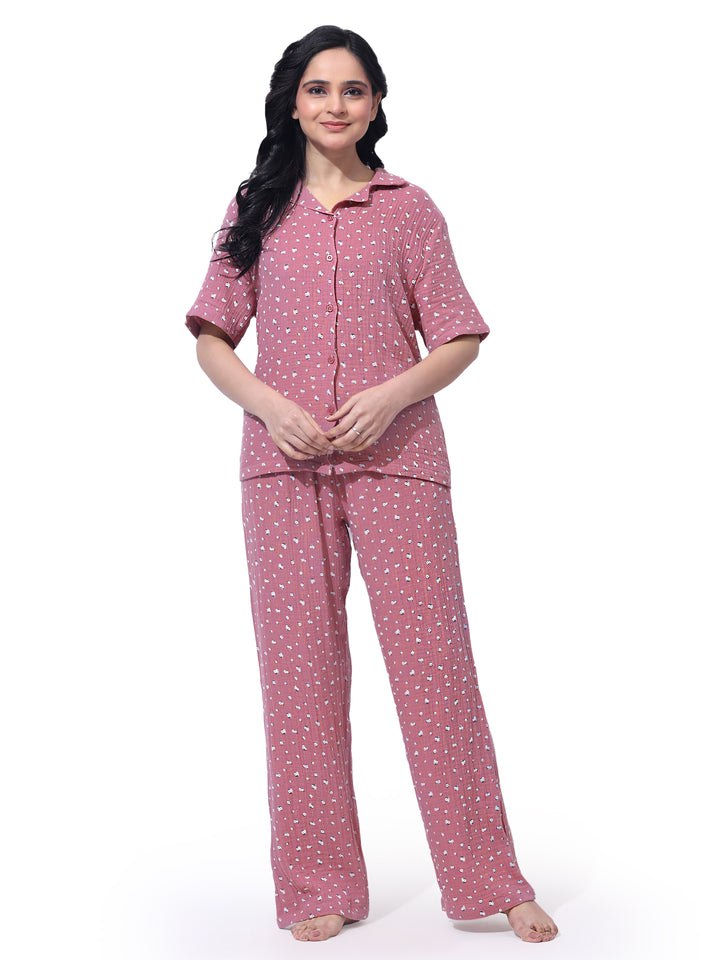 Women Cotton Night Suit - Half Sleeve Night Dress with Pockets | British Daisy Print PJ Set
