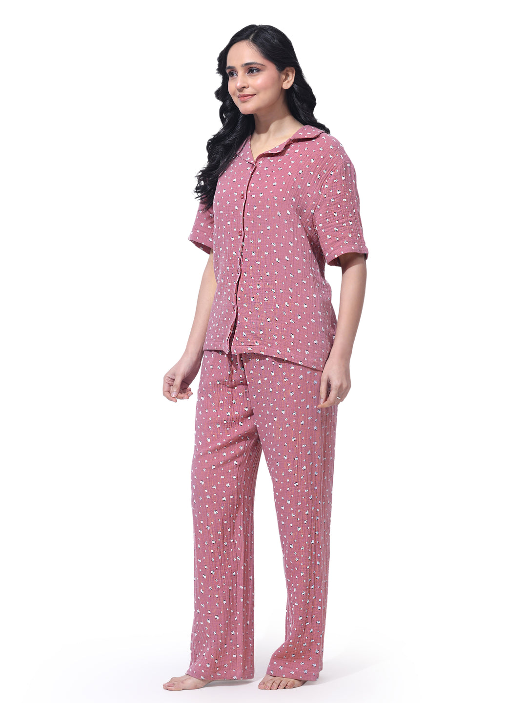 Women Cotton Night Suit - Half Sleeve Night Dress with Pockets | British Daisy Print PJ Set