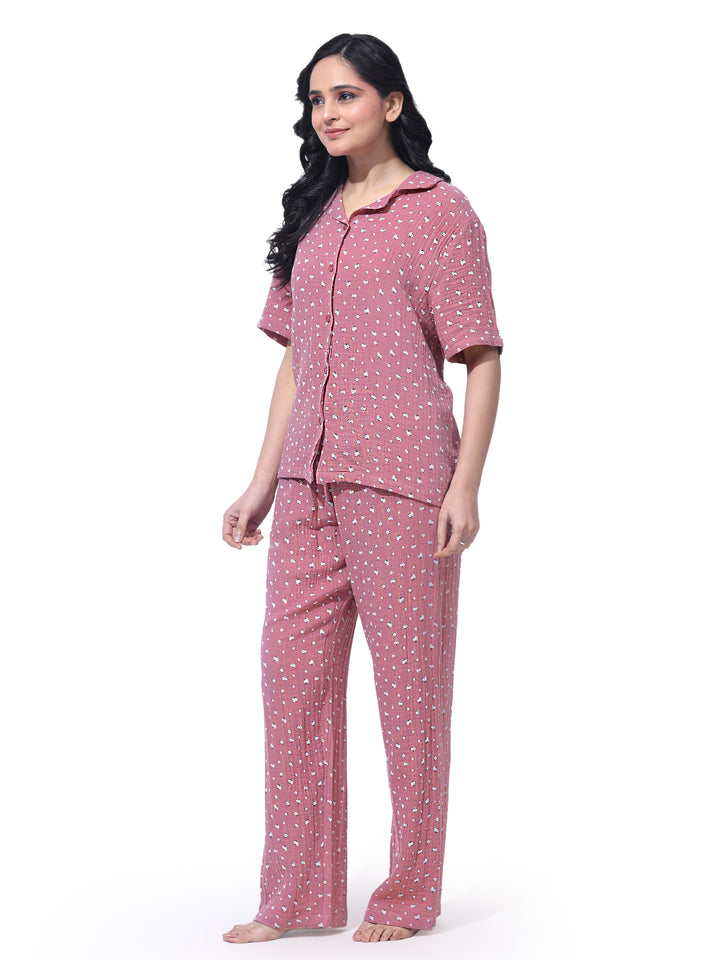 Women Cotton Night Suit - Half Sleeve Night Dress with Pockets | British Daisy Print PJ Set
