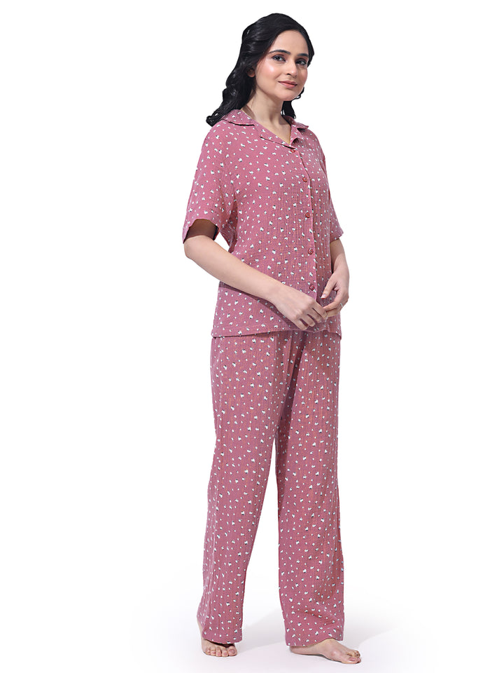 Women Cotton Night Suit - Half Sleeve Night Dress with Pockets | British Daisy Print PJ Set