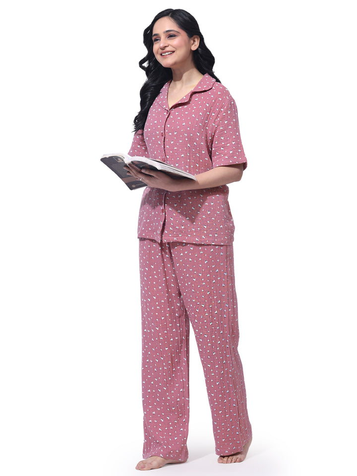 Women Cotton Night Suit - Half Sleeve Night Dress with Pockets | British Daisy Print PJ Set