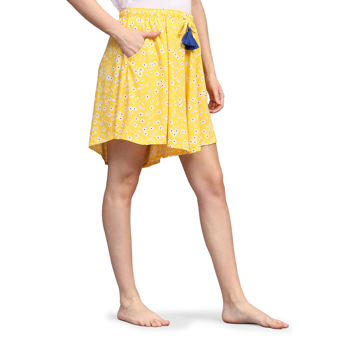 Viscose Culotte Shorts - Yellow Tiny Floral Print