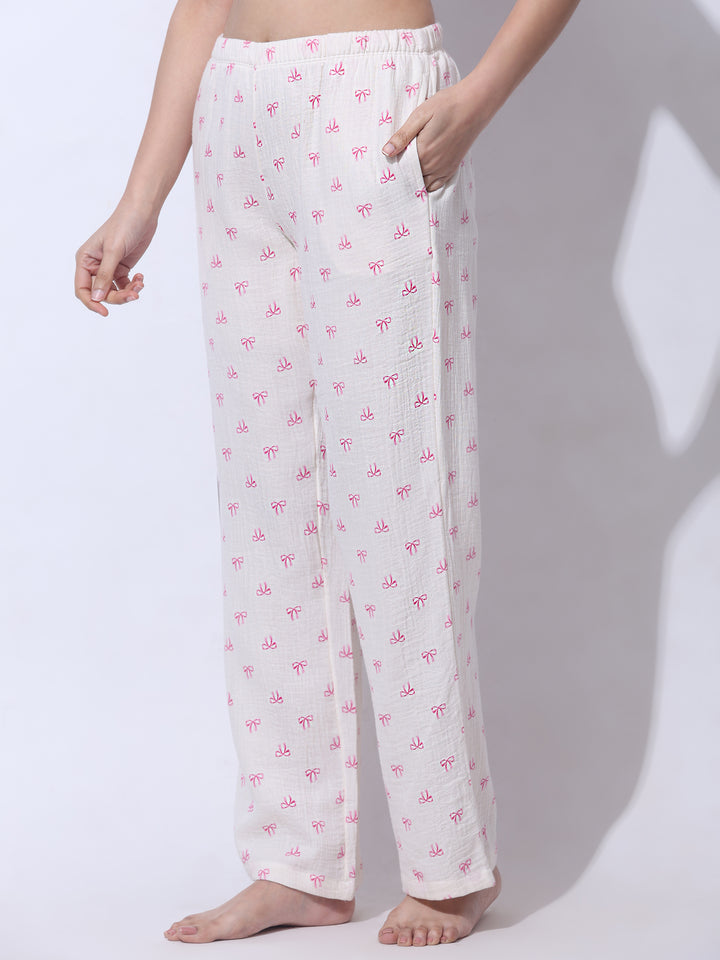Women Cotton Night Suit - Half Sleeve Night Dress with Pockets | Pink Bow Print Double Cloth PJ Set