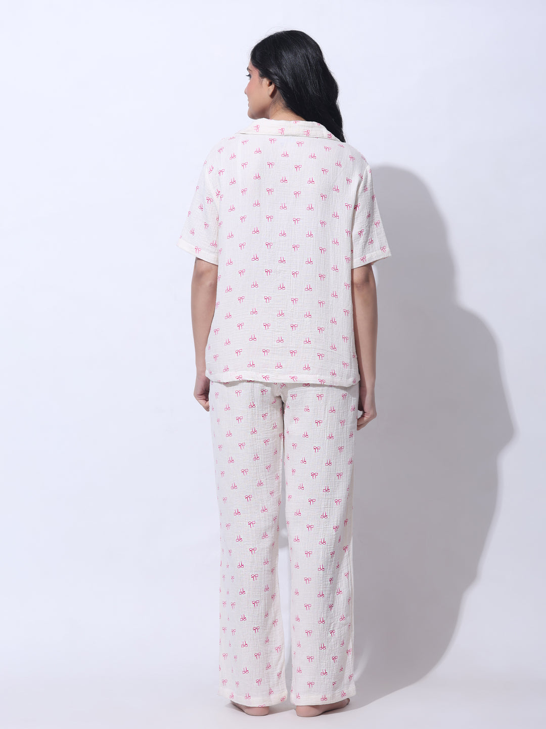 Women Cotton Night Suit - Half Sleeve Night Dress with Pockets | Pink Bow Print Double Cloth PJ Set