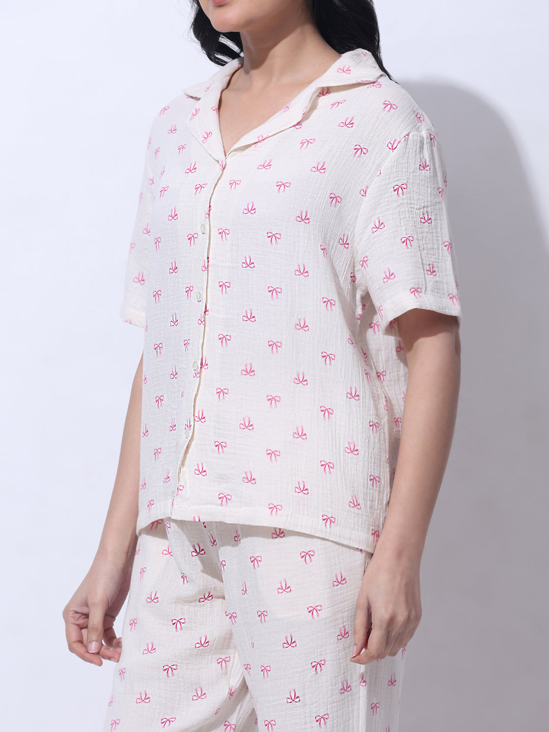 Women Cotton Night Suit - Half Sleeve Night Dress with Pockets | Pink Bow Print Double Cloth PJ Set