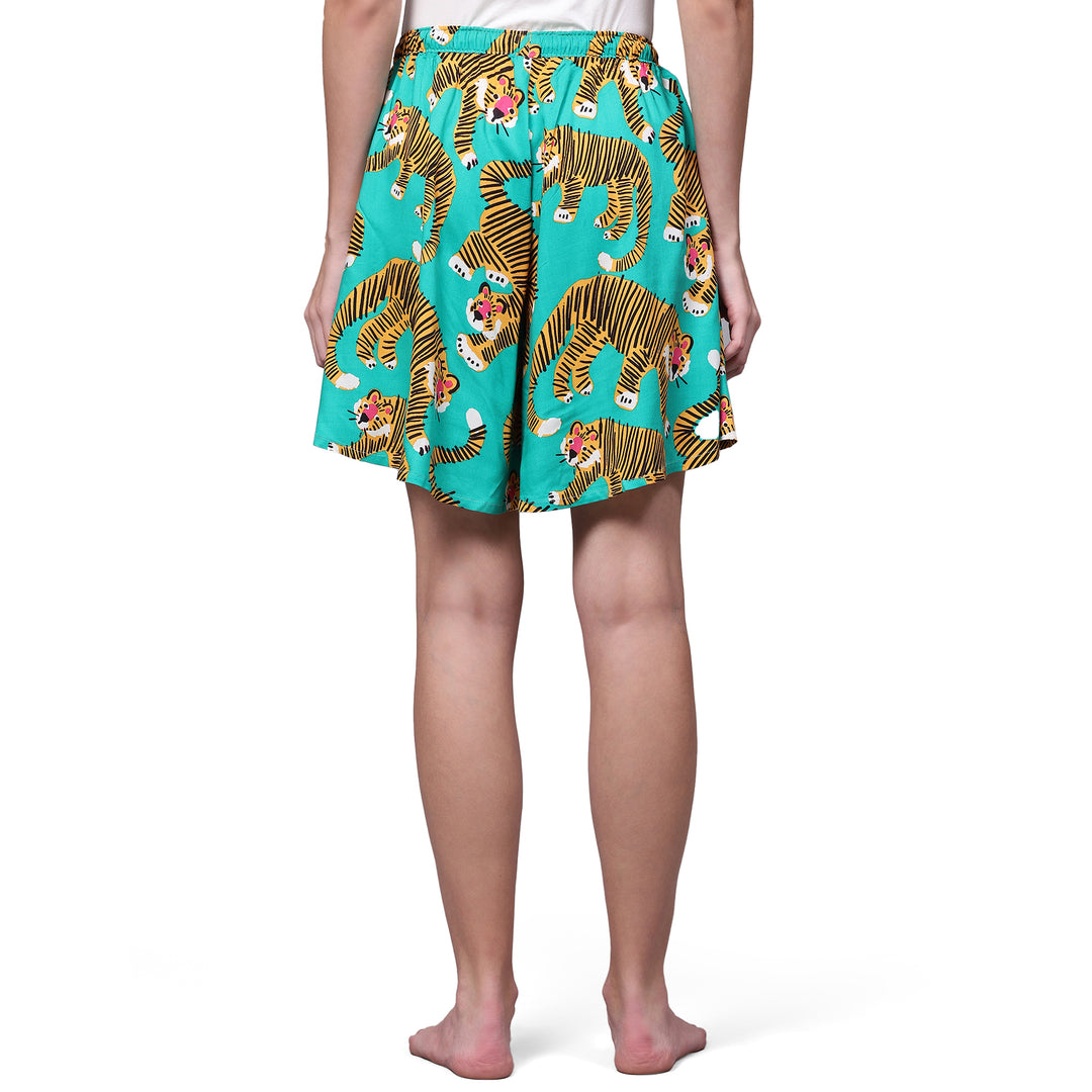 Viscose Culotte Shorts - Green Animal Print
