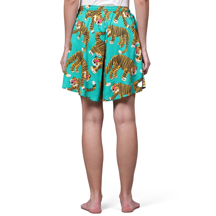 Viscose Culotte Shorts - Green Animal Print