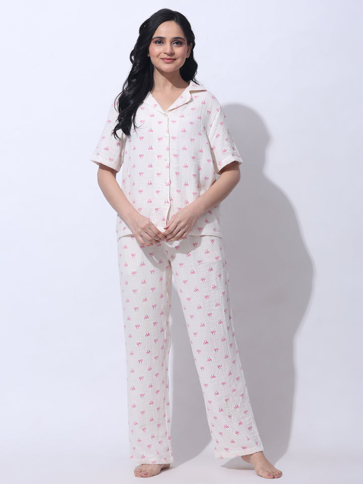 Women Cotton Night Suit - Half Sleeve Night Dress with Pockets | Pink Bow Print Double Cloth PJ Set