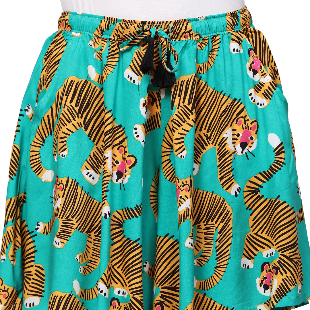 Viscose Culotte Shorts - Green Animal Print