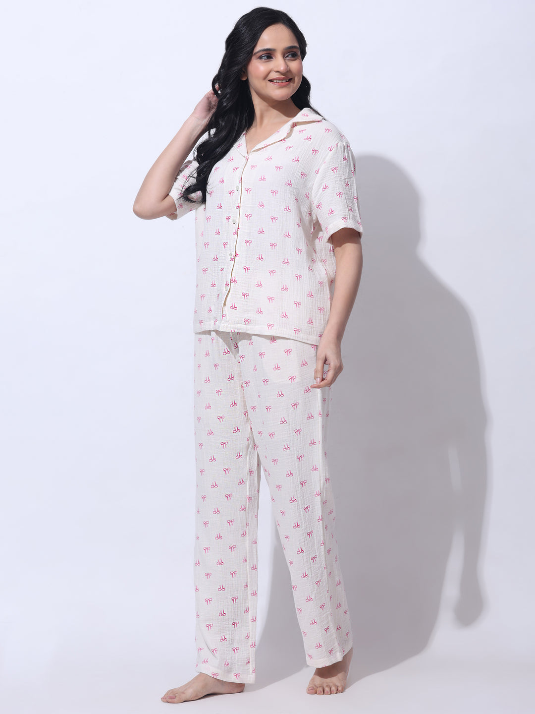 Women Cotton Night Suit - Half Sleeve Night Dress with Pockets | Pink Bow Print Double Cloth PJ Set