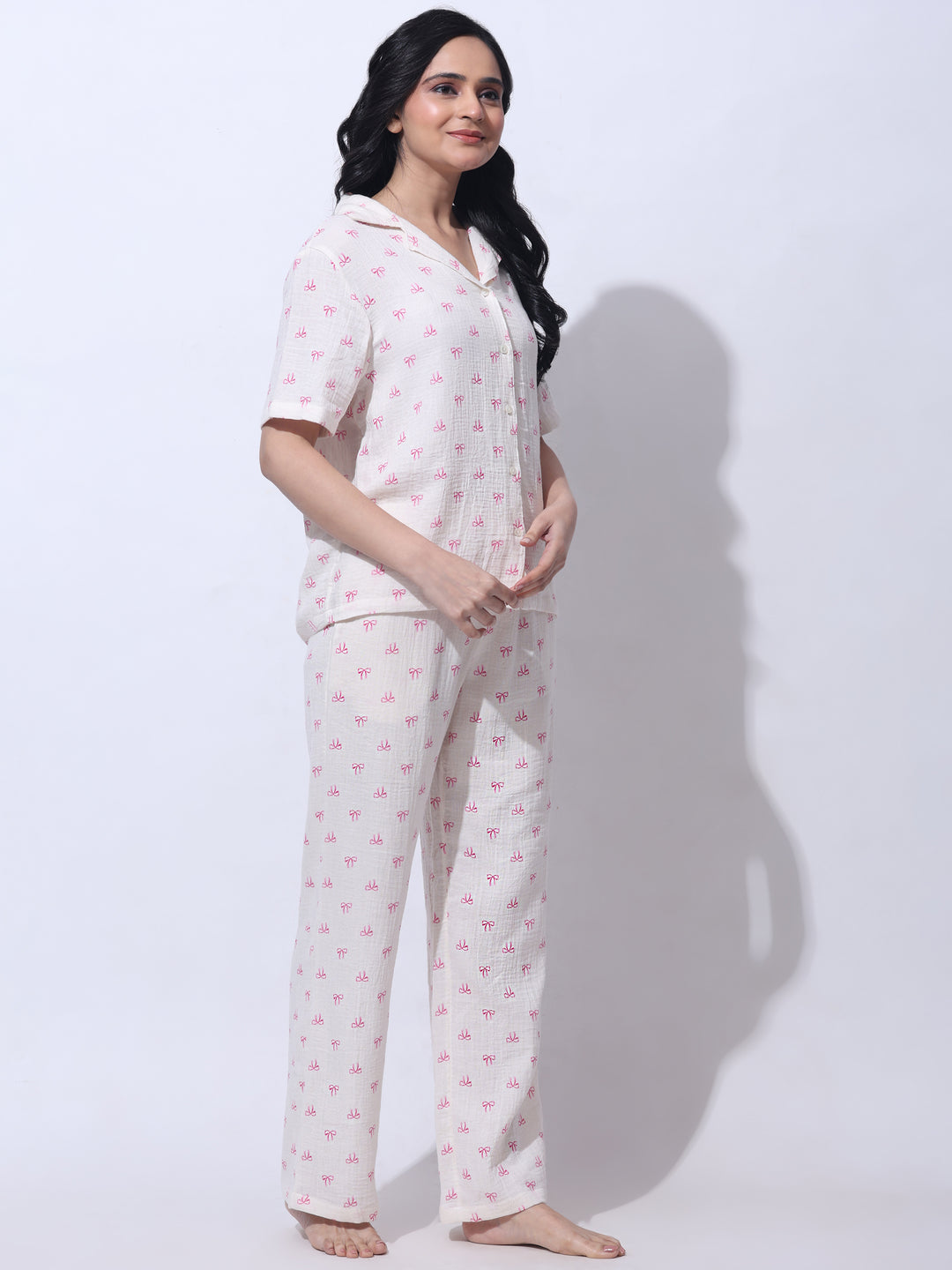 Women Cotton Night Suit - Half Sleeve Night Dress with Pockets | Pink Bow Print Double Cloth PJ Set