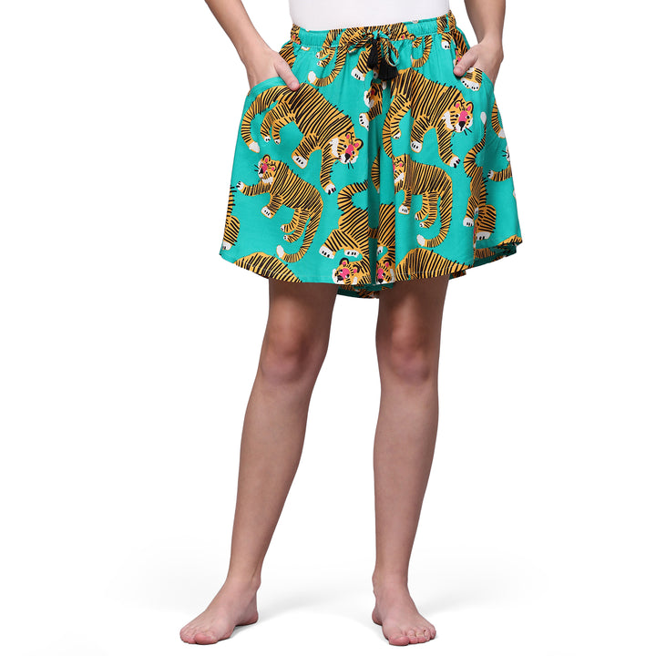 Viscose Culotte Shorts - Green Animal Print