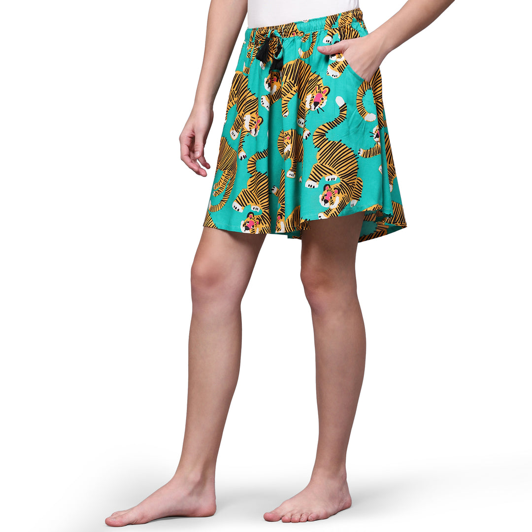 Viscose Culotte Shorts - Green Animal Print