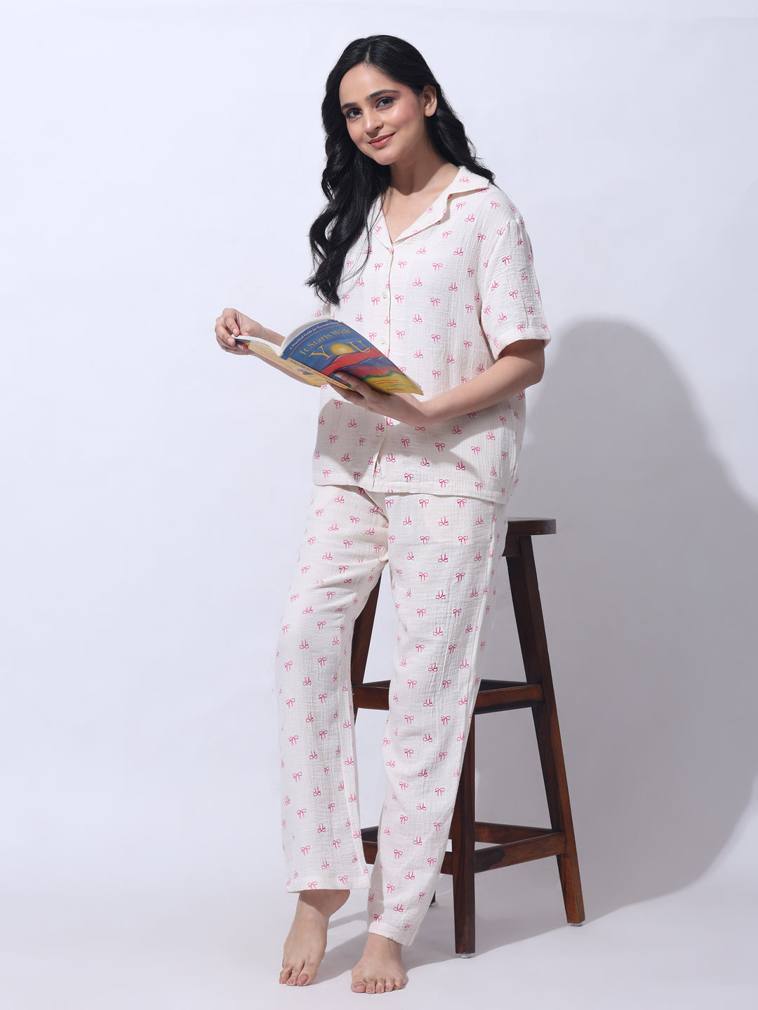Women Cotton Night Suit - Half Sleeve Night Dress with Pockets | Pink Bow Print Double Cloth PJ Set