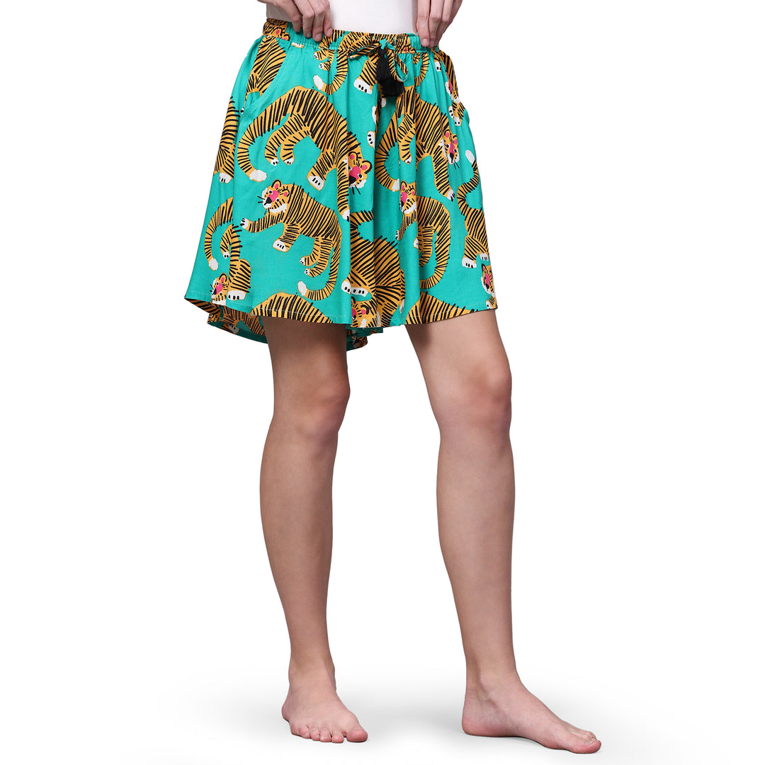Viscose Culotte Shorts - Green Animal Print