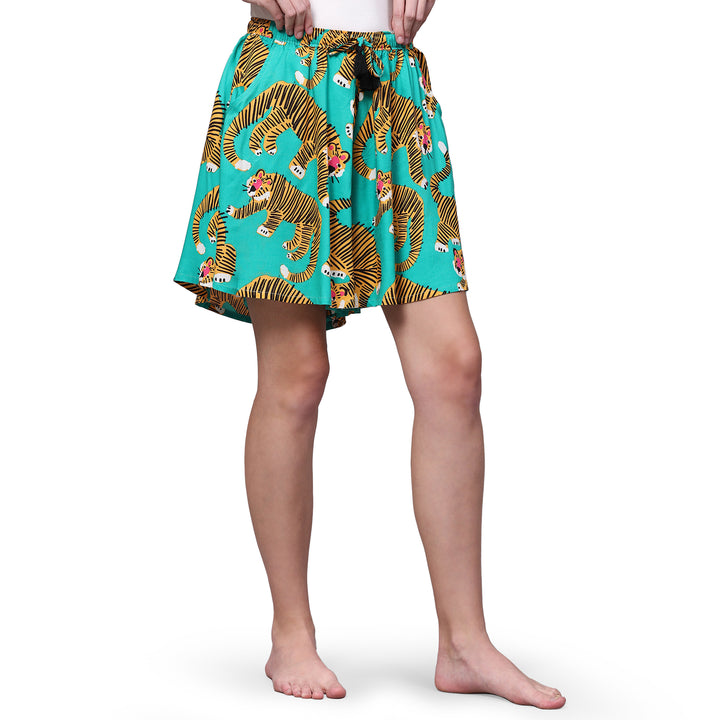 Viscose Culotte Shorts - Green Animal Print