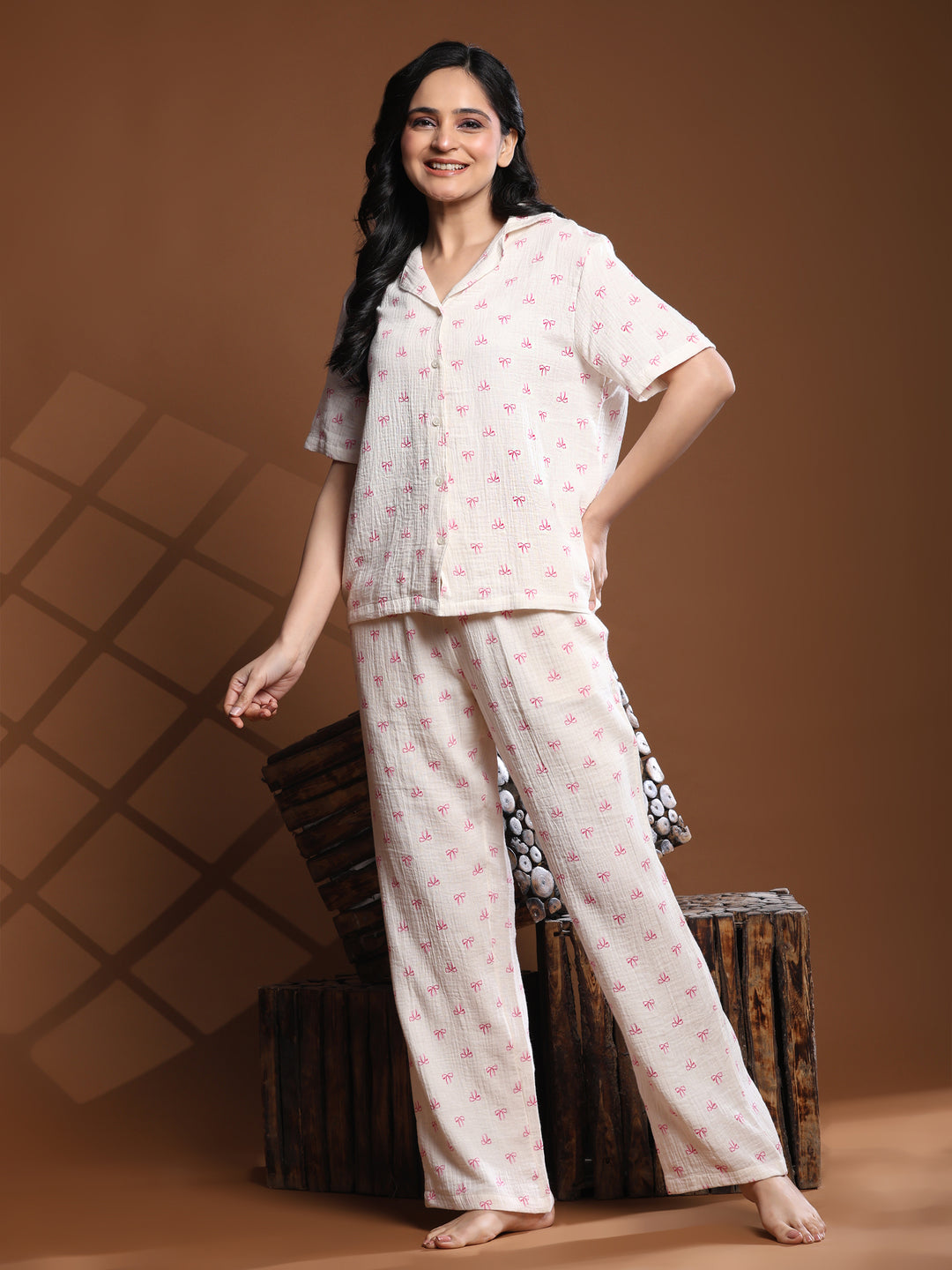 Women Cotton Night Suit - Half Sleeve Night Dress with Pockets | Pink Bow Print Double Cloth PJ Set