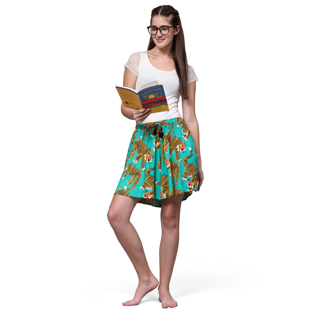 Viscose Culotte Shorts - Green Animal Print