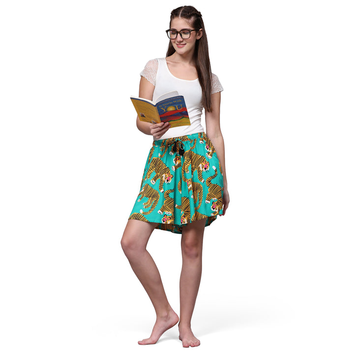 Viscose Culotte Shorts - Green Animal Print