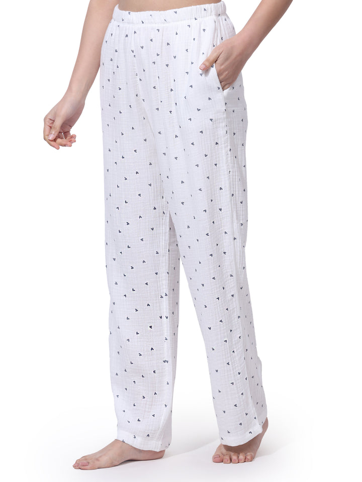 Women Cotton Night Suit - Half Sleeve Night Dress with Pockets | Black Heart Print Double Cloth PJ Set