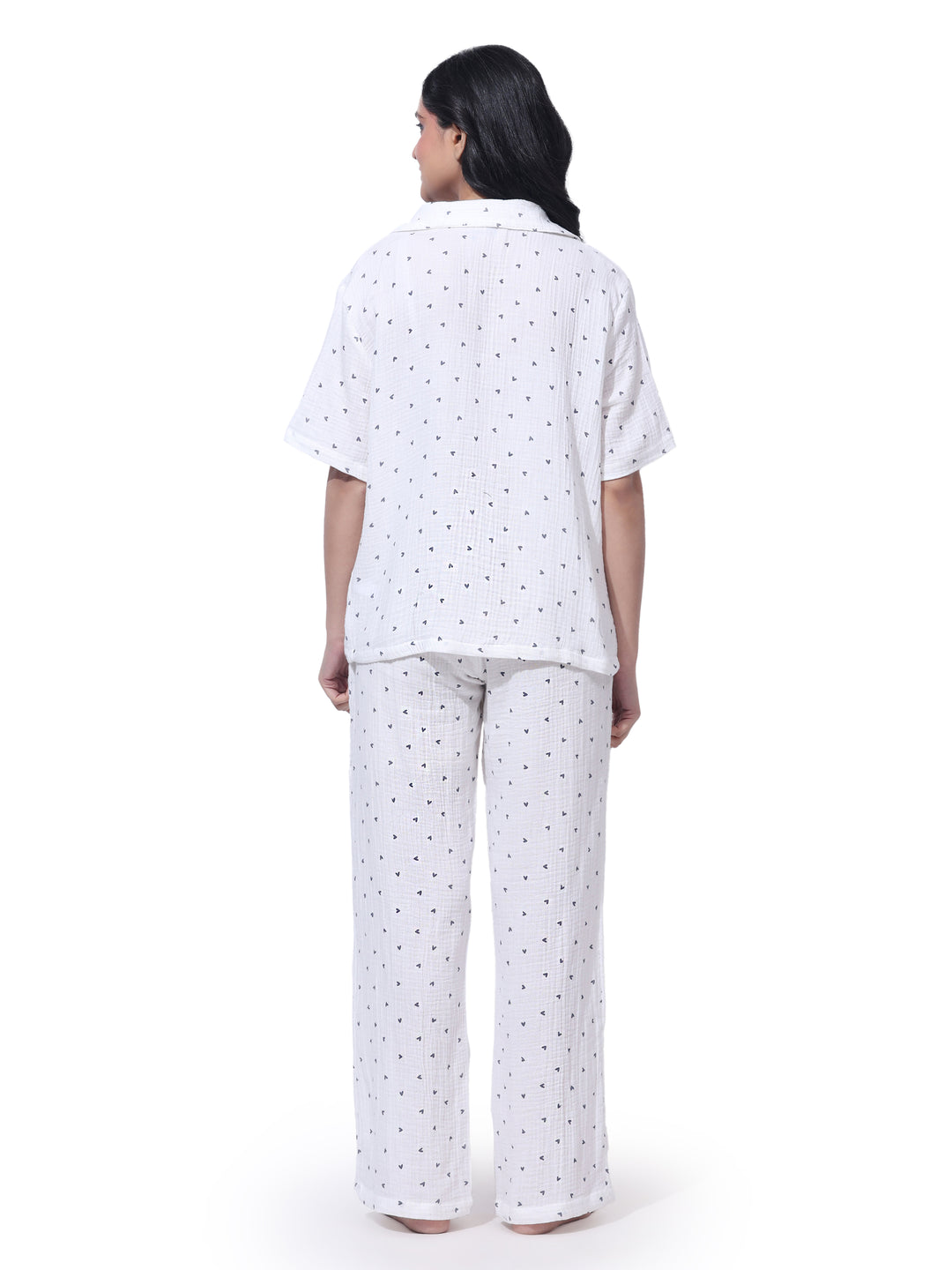 Women Cotton Night Suit - Half Sleeve Night Dress with Pockets | Black Heart Print Double Cloth PJ Set