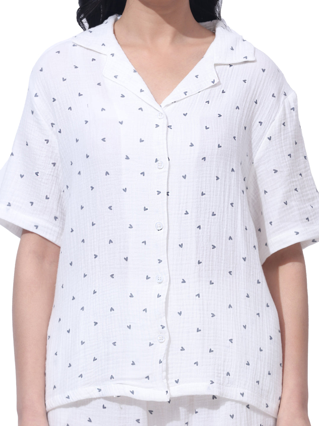 Women Cotton Night Suit - Half Sleeve Night Dress with Pockets | Black Heart Print Double Cloth PJ Set