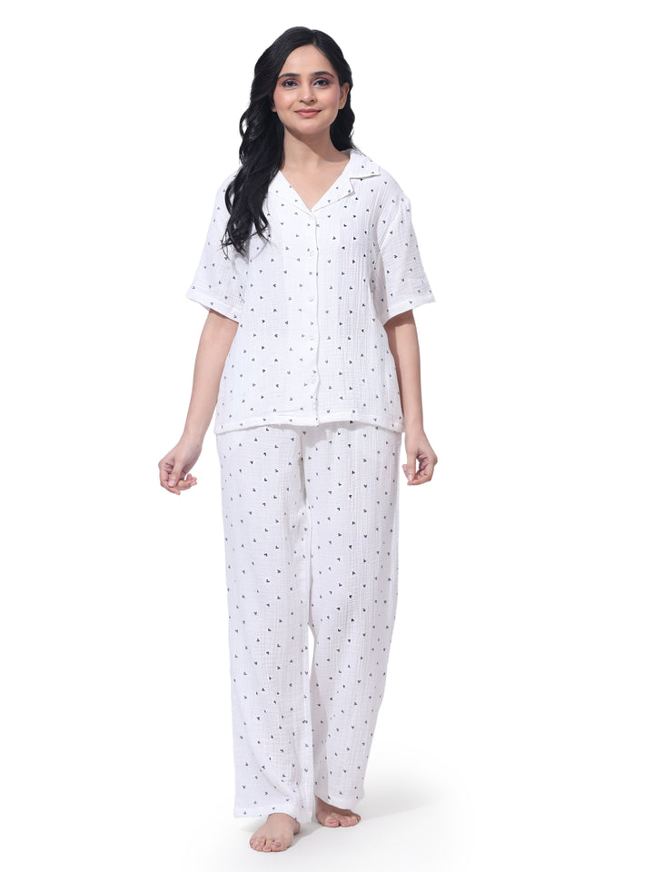 Women Cotton Night Suit - Half Sleeve Night Dress with Pockets | Black Heart Print Double Cloth PJ Set