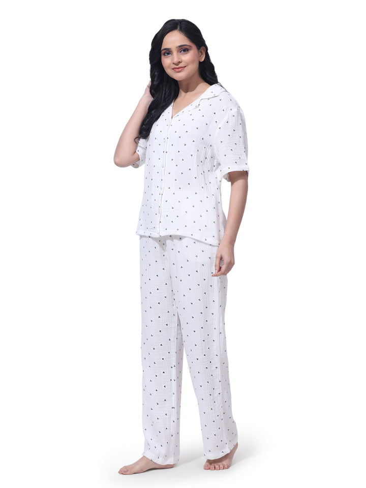 Women Cotton Night Suit - Half Sleeve Night Dress with Pockets | Black Heart Print Double Cloth PJ Set