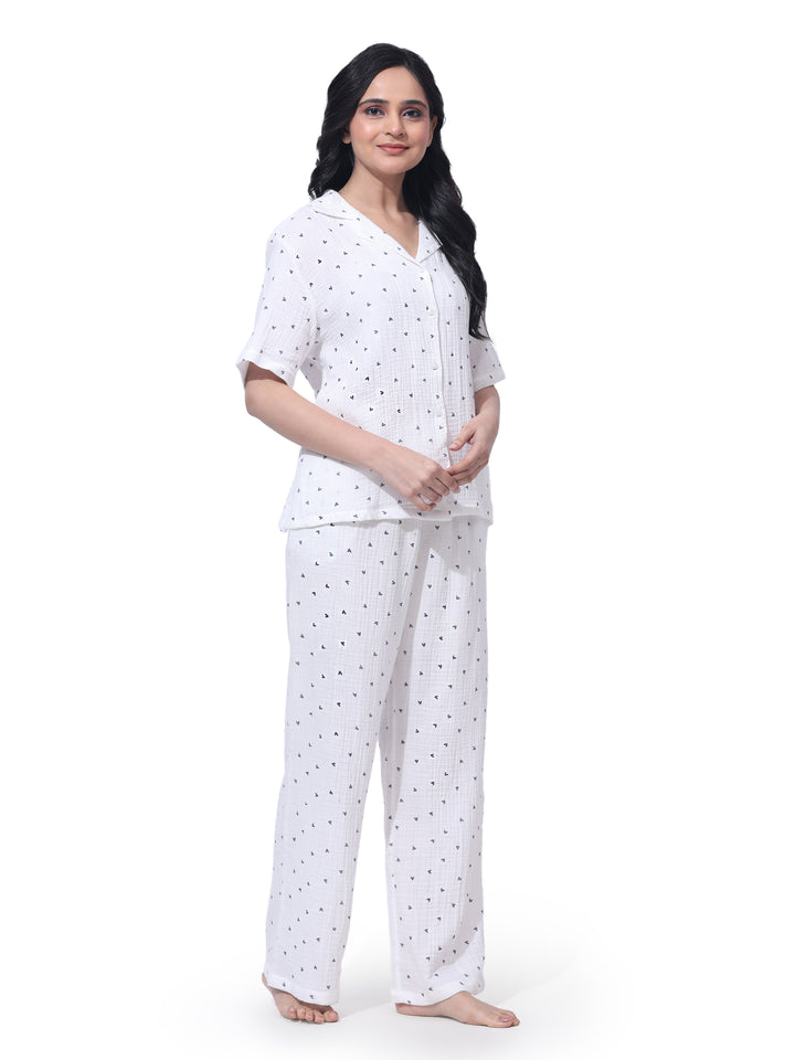 Women Cotton Night Suit - Half Sleeve Night Dress with Pockets | Black Heart Print Double Cloth PJ Set