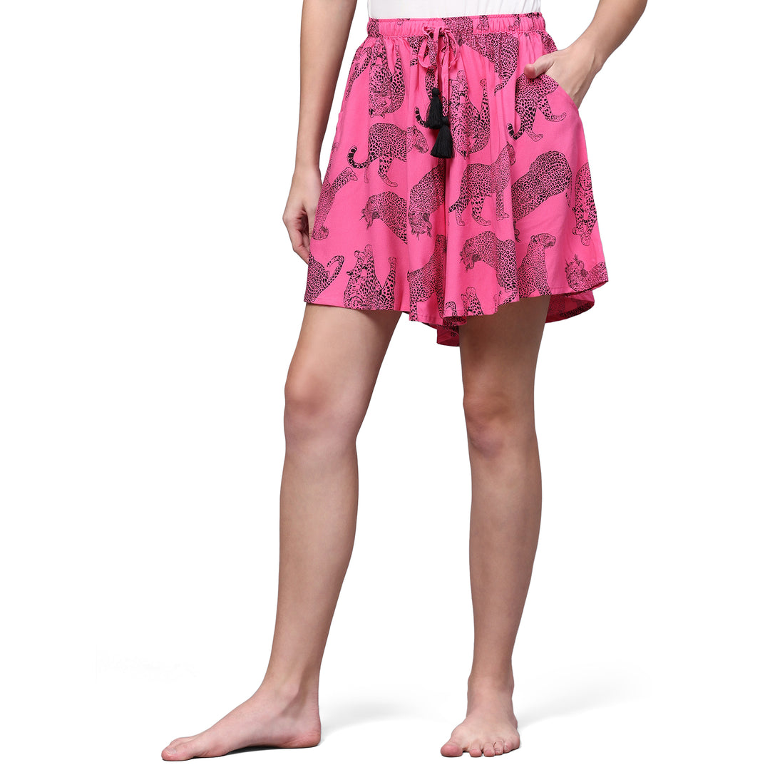 Viscose Culotte Shorts - Pink Animal Print