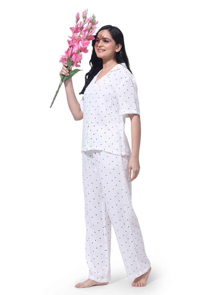 Women Cotton Night Suit - Half Sleeve Night Dress with Pockets | Black Heart Print Double Cloth PJ Set