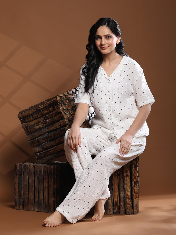 Women Cotton Night Suit - Half Sleeve Night Dress with Pockets | Black Heart Print Double Cloth PJ Set