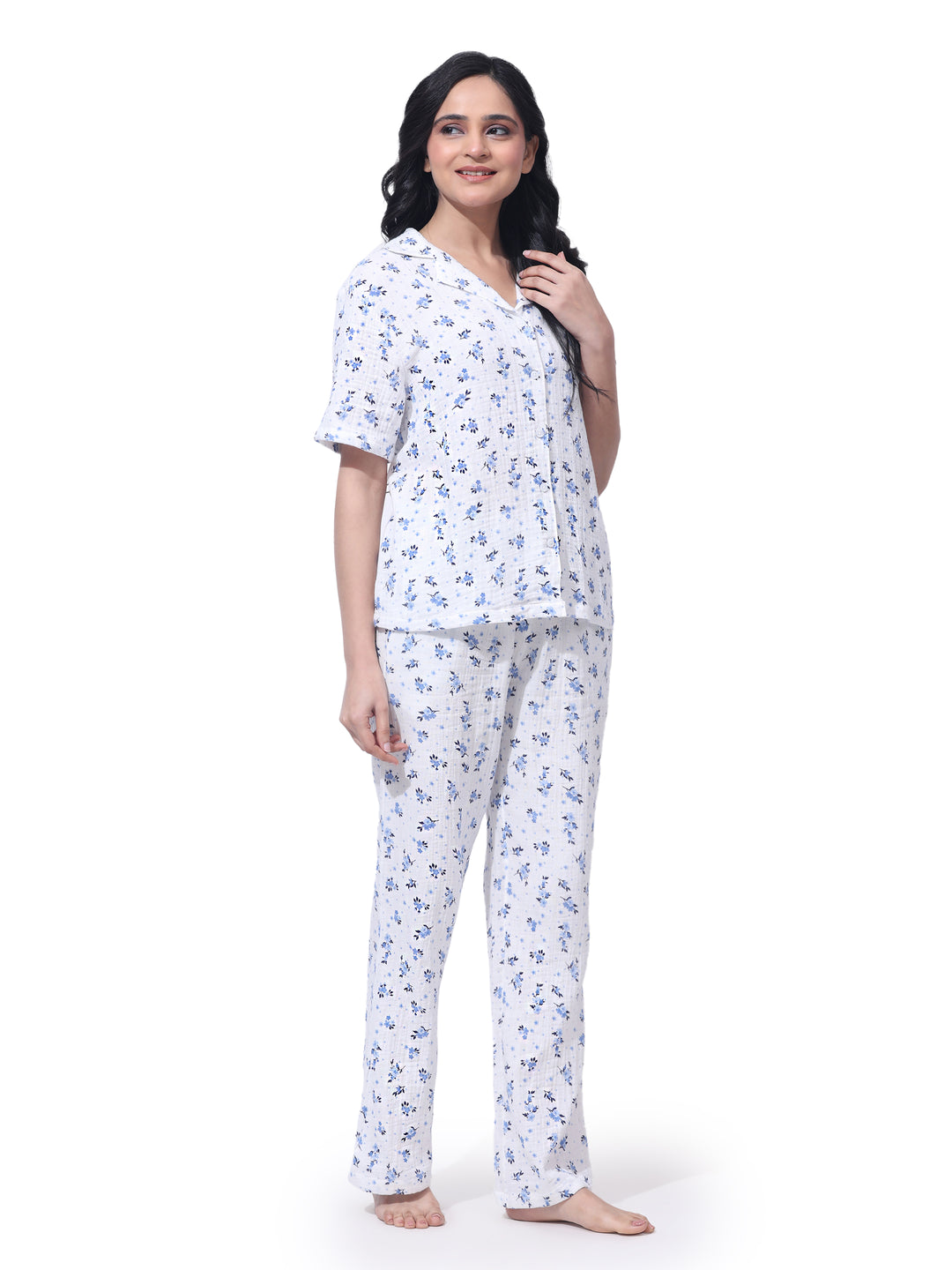 Women Cotton Night Suit - Half Sleeve Night Dress with Pockets