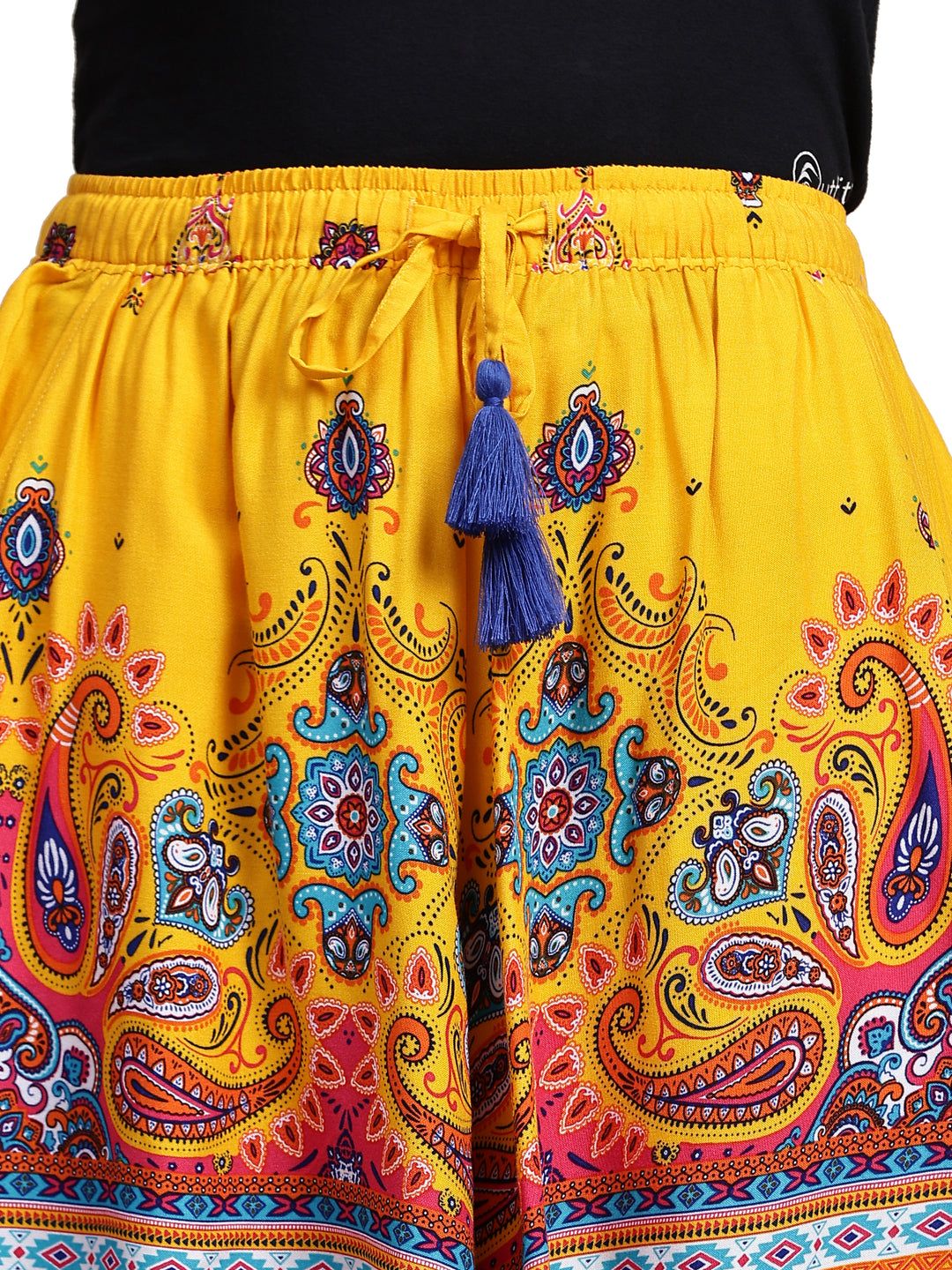 Viscose Culotte Shorts - Yellow Border Print
