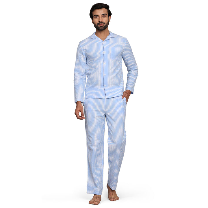 Cotton Nighwear for Men - Light Blue Stripes