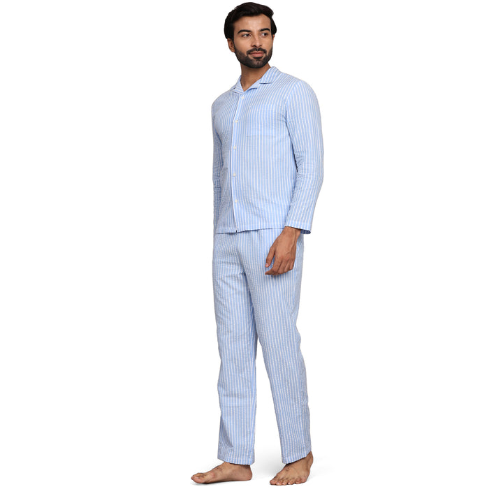 Cotton Nighwear for Men - Light Blue Stripes