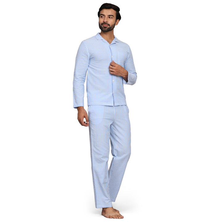 Cotton Nighwear for Men - Light Blue Stripes